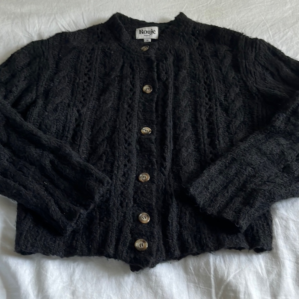 ROUJE PARIS LINO Cable Knit Cardigan Black Sweater